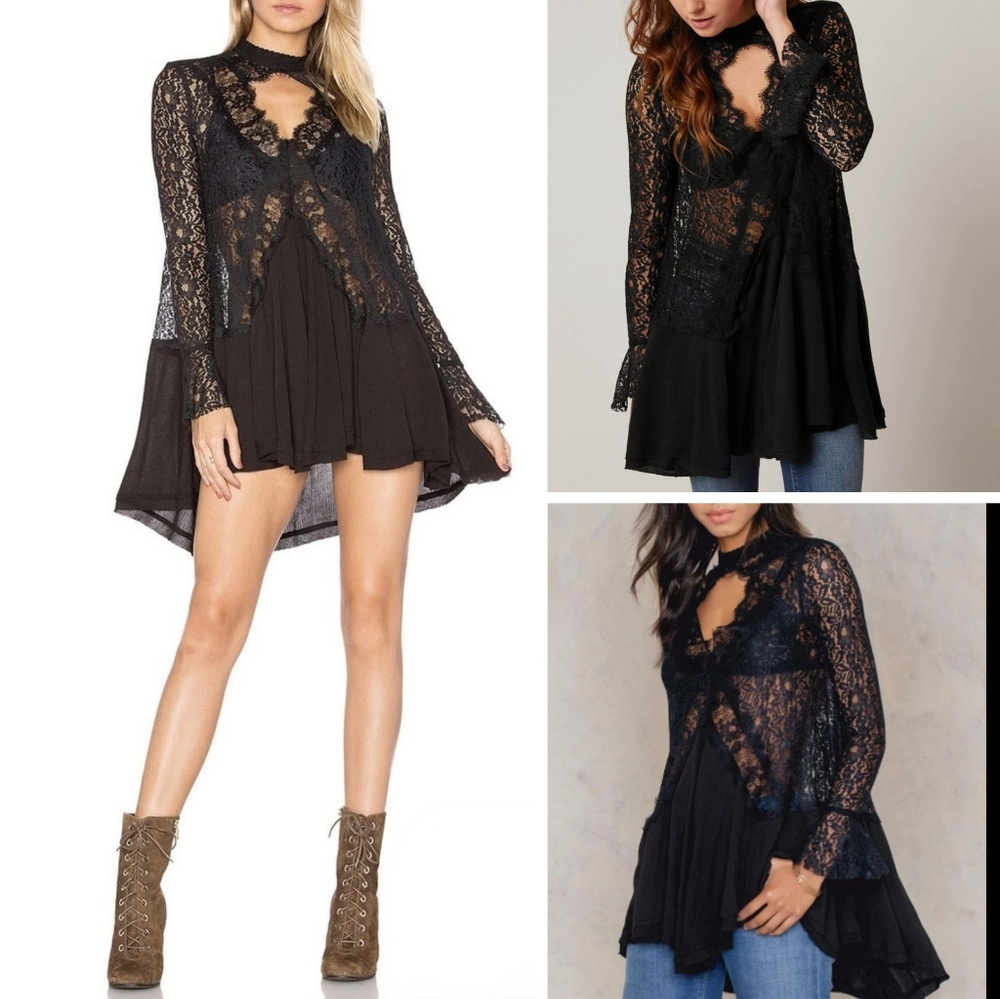Free People Tell Tale Tunic Lace Dress Black Med - Picture 2 of 11